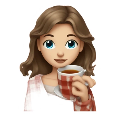 Girl with brown hair and blue eyes sipping on a tea wrapped in a plaid blanket  sticker