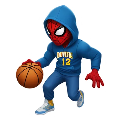 Spider-Man wearing a Denver Nuggets hoodie dribbling a basketball sticker