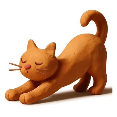 cat stretching with visible fingerprints and matte finish in claymation style sticker