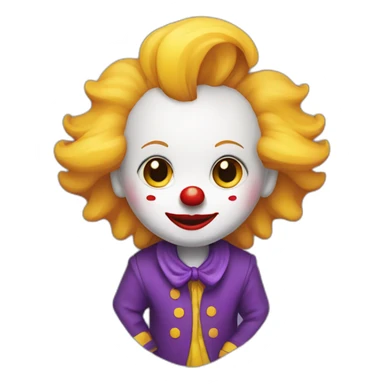 child clown with yellow hair, white complexion with red cheeks, arched black eyebrows and purple jacket sticker