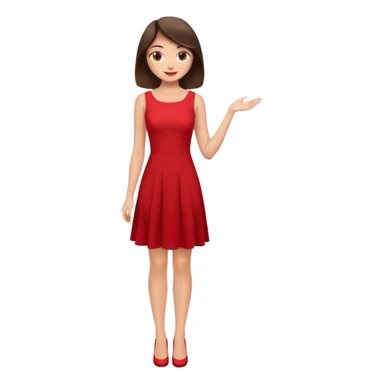 Cartoon emoji of a young brunette woman with fair-medium skin, brown eyes, wearing a red outfit. Full-height, standing confidently in a red dress  posing sexy with a smile and relaxed posture. Smooth, friendly, stylized, make up on, flirty eyes and smile sticker