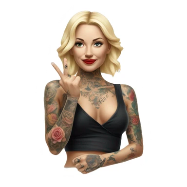 Blonde elegant women, her Body Covered with Tattoos, POINTING YOU FORWARD with her HAND , Hyper realistic sticker