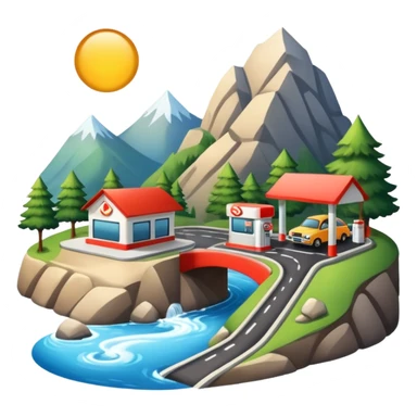 a road in a mountain with a river and a gas station sticker