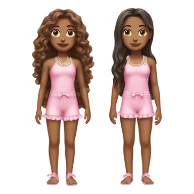 two teenage Latina twins. pink. Long hair. Pink bows. Pearls. Light pink. Diamonds outfits. swimsuit sticker