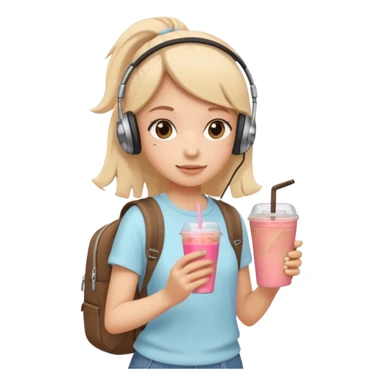 A trendy student girl with a backpack, headphones, and iced coffee in hand, walking confidently, minimal flat emoji-style, soft pastel tones, white background. sticker