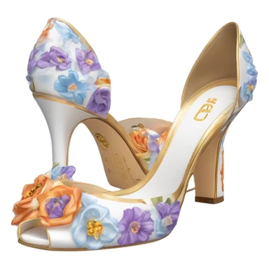 Dolce and Gabbana white high heels with colourful lavender light blue orange pink summer print and golden detais 2023 sticker