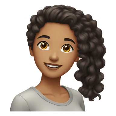 young woman with black curly hair, brown eyes, smiling  sticker