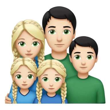 familia hombre de pelo negro con un mechon blanco de piel blanca ojos verdes, esposa de rubia con una trenza y ojos azules, hija rubia de ojos verdes y hijo pelinegro con ojos verdes sticker