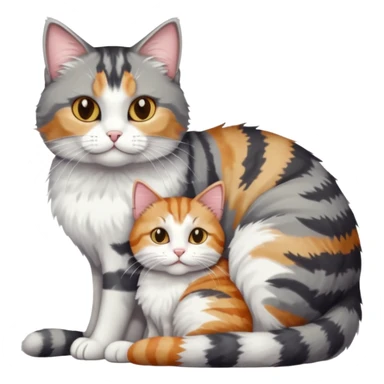 full body colourful light patched calico + white tabby cat cuddling a big grey and white tabby cat  sticker