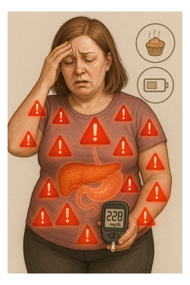 "Woman struggling with worsening insulin sensitivity, blood sugar spikes visualized as red warning signals throughout her body, expression of energy crashes and sugar cravings, pancreas working overtime shown in transparent overlay, pre-diabetic progression despite dietary efforts, metabolic syndrome symptoms accumulating, glucose meter showing increasingly concerning readings" scritte in italiano sticker