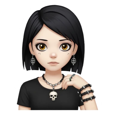vkei styled black hair, pale skin, brown eyes with eyeliner (emo looking) and black shirt with skull and punk bracelets sticker