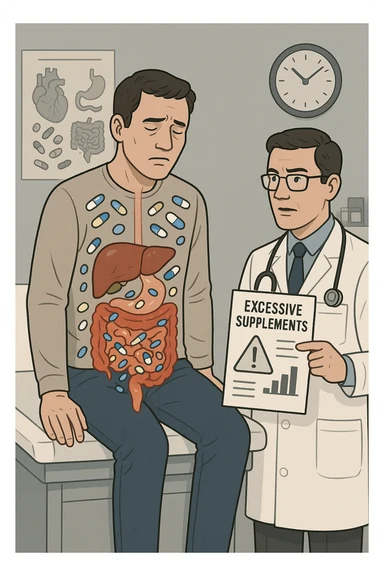 a man sits on a doctor’s examination table, looking fatigued and uncomfortable. A transparent anatomical overlay reveals his liver and intestines, both appearing inflamed and congested, with stylized supplement capsules and pills scattered throughout the digestive tract. The doctor stands nearby, holding a chart that highlights the risks of excessive supplement use. The mood is clinical and educational. sticker