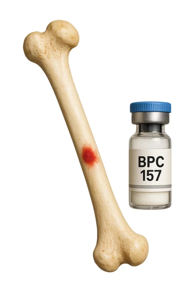 osso umano con red spot fluttua insiema a fiala medica con la scritta "BPC 157" SULL'ETICHETTA, iperrealistiche 4k sticker
