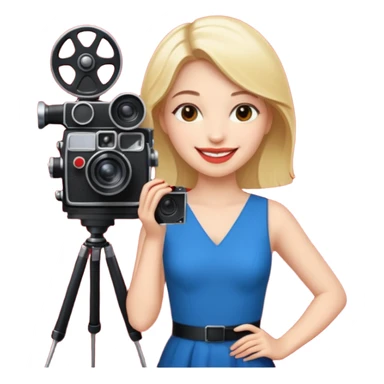 an actress standing on a red carpet, smiling, with a film camera next to her. sticker