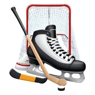 An icon showing a close-up of a hockey stick, puck, skates, and hockey net placed on the ice. The background features a packed stadium with bright lights, cheering fans, and snowy scenery outside. Transparent background highlights the key elements of the game. sticker