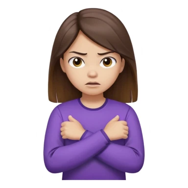 Angry Pouty girl with small asian eyes folding arms in a purple longsleeve shirt she has fair skin and long length brown hair with highlights sticker