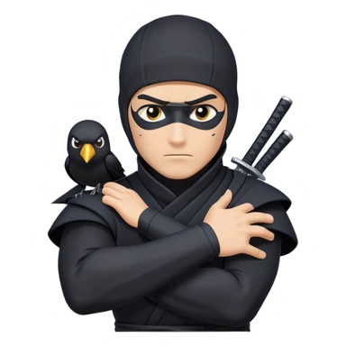 clash-of-clans-aesthetic_-cinematic-mysterious-male-ninja-portrait-emoji, rendered in a flat, vector-style with minimal shading and bold, simplified shapes, his arm is stretched out  with a head slightly turned revealing intense, focused eyes. the ninja has his arm out and perched on top of his forearm is  a black crow sticker