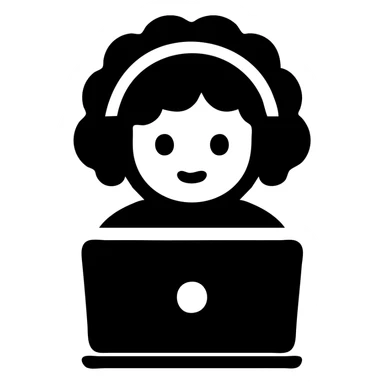curly hair girl with headphones and a laptop, solid filled icon sticker