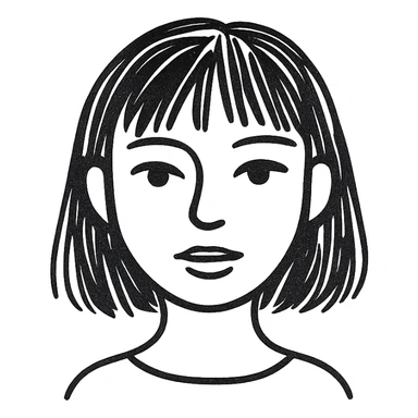 portrait of a girl with black shoulder-length hair, bangs, black almond-shaped eyes, full lips, and straight nose, hand drawn style sticker