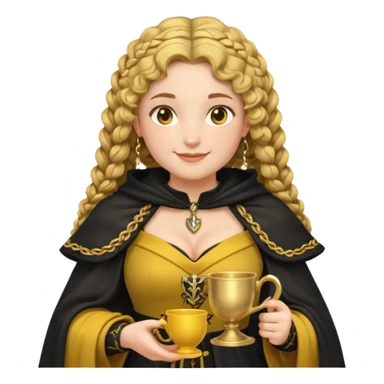 Helga Hufflepuff, 2 curly thick brown braids, yellow-black medieval dress, black cloak decorated with gold braiding, tiny two-handled shiny yellow-gold cup, very kind smile, curvy busty sweet woman, thick rosy cheeks sticker