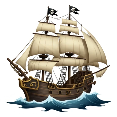 An icon representing an adventure game, inspired by high-seas exploration. The design features a fearless pirate gripping the wheel of a grand sailing ship, its tattered Jolly Roger flag billowing as it cuts through stormy waters. The scene evokes danger, treasure, and the thrill of the open sea. Transparent background. sticker