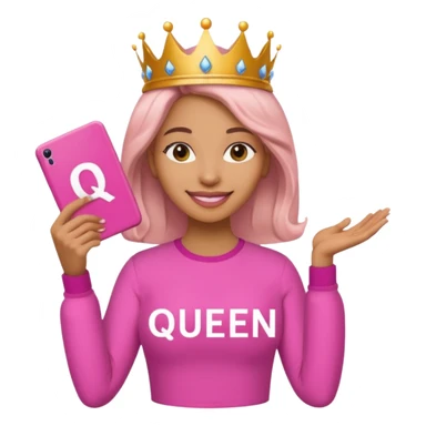Crear una reina morena clara con ropa rosa sosteniendo la palabra Queen en sus manos sticker