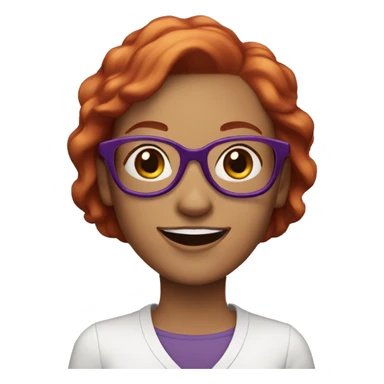 Woman with short, red hair, very light skin, smiling with teeth visible, and wearing round purple glasses sticker