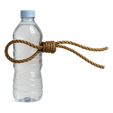 Edit the image to have a longer rope with a loop similar to the reference image, replacing the cheese with a realistic water bottle. The style should be realistic with natural details and no background. sticker