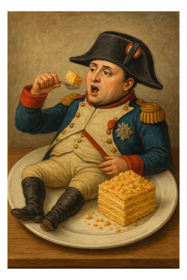 Сгенерируй мне тарелку, на которой лежит наполеон бонапарт, и кладет себе в рот кусочек торта наполеон sticker