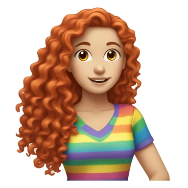 white girl with long red curly hair, wearing a rainbow shirt doing a pose sticker