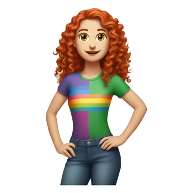 white girl with long red curly hair, wearing a rainbow shirt doing a pose sticker