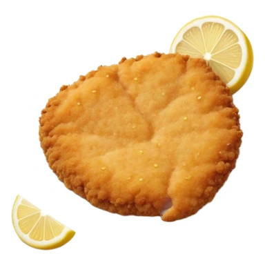 Cinematic Realistic Veal Schnitzel Dish Emoji, depicted as a golden, breaded veal cutlet served with lemon rendered with crisp textures and inviting, natural lighting. sticker