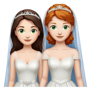 A tall, pale woman with very dark brown hair and green eyes marrying a shorter ginger woman with blue eyes, both in wedding dresses. sticker