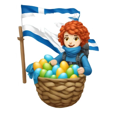 Greek Female winter mountaineer red hair white skin climbing with Greek Flag and Easter eggs basket sticker