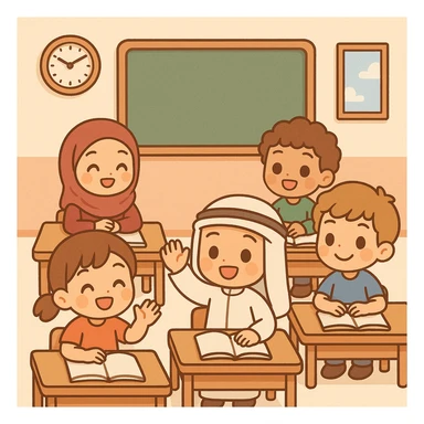 cartoon classroom scene with several children, mix of traditional Arab clothing and casual outfits, chibi style, cheerful atmosphere sticker