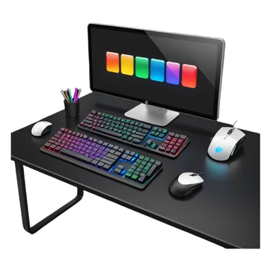 rgb gaming computer on black desk with a black keyboard and mouse sticker