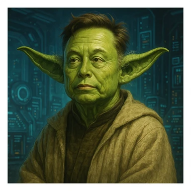 Elon Musk as Yoda with green skin and wise expression, sci-fi background, fusion of Star Wars and tech entrepreneur themes, detailed and humorous style sticker