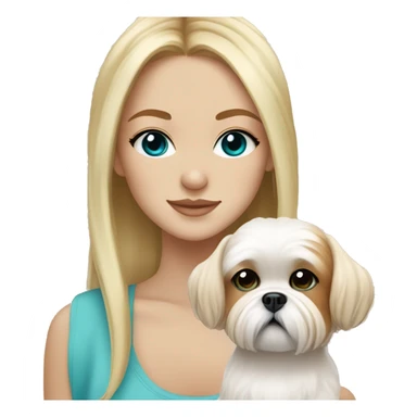 Girl with lots of freckles on her face, long blonde hair, and bright blue and green eyes holding an all beige shih tzu dog  sticker