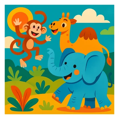 group scene with a playful monkey, whimsical camel, and joyful elephant having fun together in a vibrant cartoon style sticker
