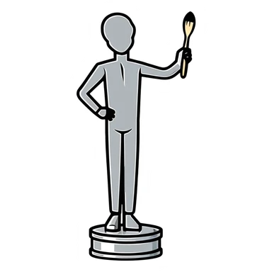 A paintbrush transforming into a silver human silhouette sculpture, symbol of artistic identity, with a gleaming silver metallic finish sticker