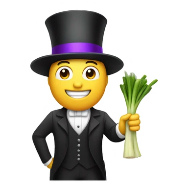 white Man holding a leek with his hands with a top hat that has a purple band sticker