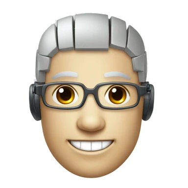 Robotic Cyborg head with fair skin, flat top haircut, rectangular glasses, circuits and smiling  sticker