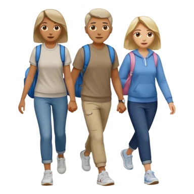 iOS emoji style - a men and 2 women in casual clothes and wearing trainers. Walking in the same direction quickly together. 
Not holding hands. No backpacks. 
 sticker