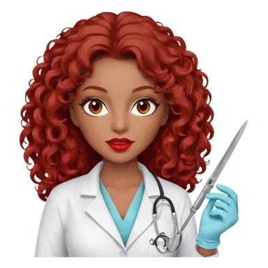 Seductress woman scalpel in hand, evil surgeon sexy surgeon clothes.  She has red eyes. Her  brown long curly hair. Wears sexy doctor outfit with red gloves. make her hair free and brown but she  wear mouth cover   to hide. Wears white surgeon jacket and  only   death long , long beown hair  sticker