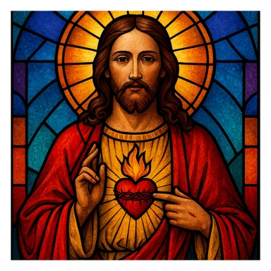Jesus in a stained glass effect, vibrant colors, heart motif sticker