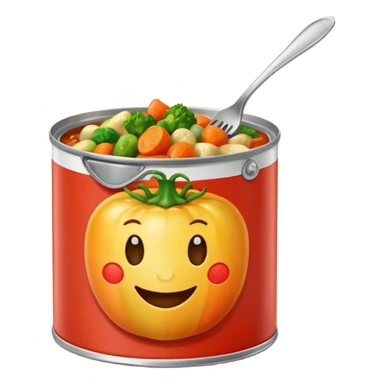 open tin can with chunky mixed vegetables in tomato sauce, no spoon or branding, soft lighting, subtle shadows, emoji scale sticker