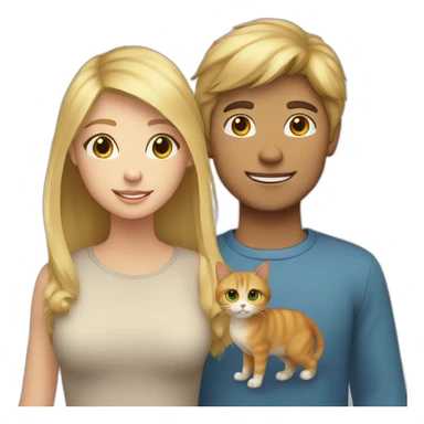 blonde-haired girl and brown-haired boy with a cat sticker