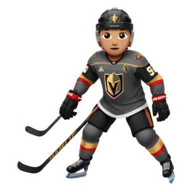 A hockey player in a Vegas Golden Knights black & gold jersey, red accent glow, centered stance, stick on the ice, confident posture. Background subtle red aura with a knight-helmet inspired motif. Clean, bold, emoji-style. sticker