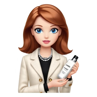 A Barbie girl with blue eyes, shoulder-length reddish-brown hair with makeup, wearing a white tweed jacket and a black skirt, holds chanel cream in her hand sticker