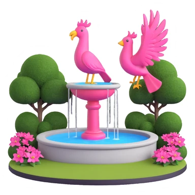 Make the background transparent, keep the small yard with a fountain and large pink bird sculpture in 3D emoji style. sticker